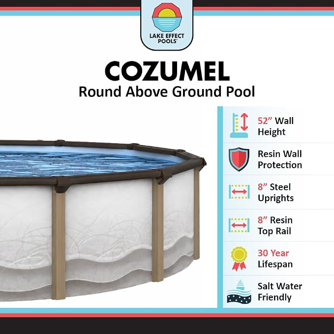 Lake Effect Pools 'Cozumel' 30 ft Round Above Ground Swimming Pool | 52 Inch Resin Protected Steel Sided Walls | Bundle Includes: 25 Gauge Overlap Liner & Widemouth Skimmer