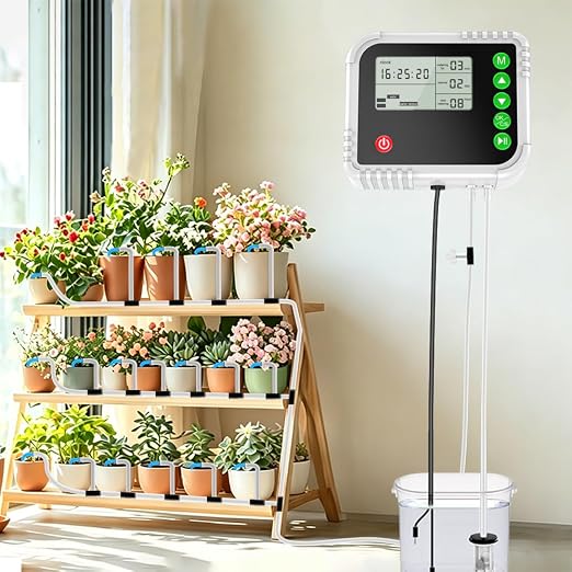 Lewisia Automatic Drip Irrigation System, Indoor Self Watering Kit with LCD Timer Display for 15 Potted Plants Water Shortage Protection, USB Rechargeable, DIY Plant Waterer