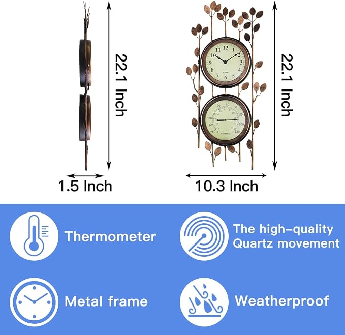 BESTIME 66059 Two-in-one Leaf Design Metal Clock.Wall Art Clock,Thermometer,Interior and Outdoor Decoration,Whether Industrial,Country,Rustic,Garden,Farmhouse,Yard,Home,Office, Living,Kitchen,Bedroom.