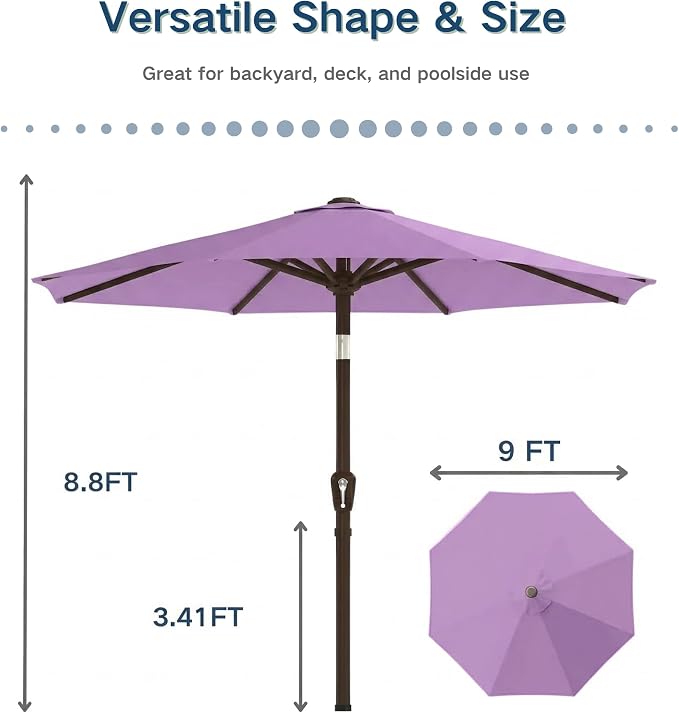 PatioKingdom 9FT Patio Outdoor Umbrella-UPF 50+ Sun Shade with Wind Vent, Push-Button Tilt & Smooth Crank Lift, Rust-Resistant Fiberglass Frame for Garden, Backyard,Yard (Taro Purple)