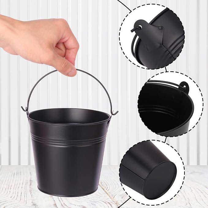 18 Pack 4 Inch Black Mini Metal Bucket, Small Black Buckets with Handles, Mini Metal Pail for Party Favors, Crafts, Garden & Beach