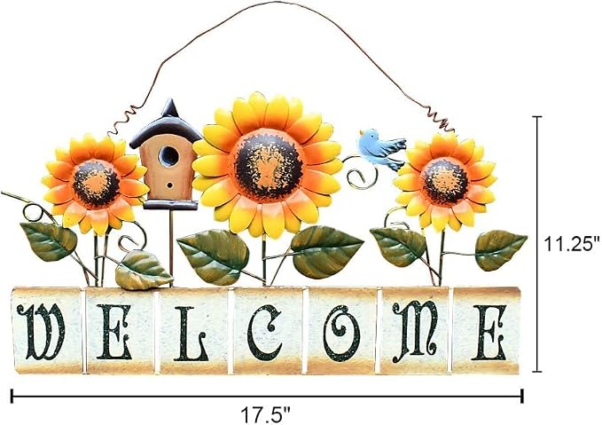 Morning View Metal Sunflower Welcome Sign Hanging Flower Wall Decor Door Sign Decorative Wall Plaque Outdoor Garden Porch Yard Home Decor 17.5X11.25 Inch