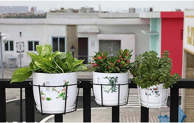1 Pack Hanging Railing Planters Flower Pot Holders Plant Iron Racks Fence Metal Potted Stand Mounted Balcony Round Plant Baskets Shelf Container Box for Indoor and Outdoor Use-Black,Garden Steel Pots