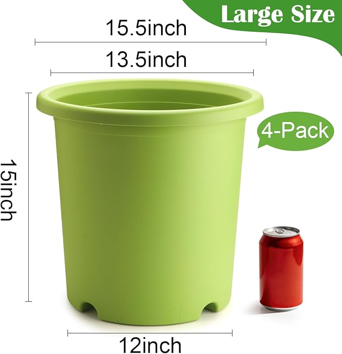 4-Pack 16 inch Large Deep Planters for Outdoor Plants -Light Green Plastic Plant Pots with Drainage Holes & Elevated Base for Root Aeration, 10-Gallon Heavy-Duty Garden Flower Pots, 16"W× 15"H