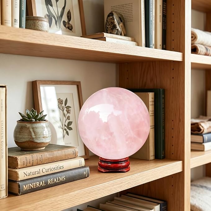 2.8-4inch Natural Rose Quartz Crystal Ball with Stand, Polished Pink Crystal Decoration Sphere, Reiki Healing Gemstone Ball, Home Desktop Ornament Commemorate Gift