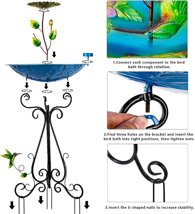 DREAMSOUL 20" Dia Bird Bath Stand Metal Birdbath with Folding Bracket, 2 in 1 Hummingbird Deep Bird Bath for Outside