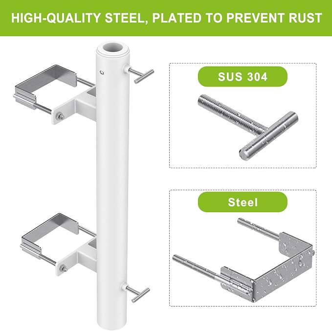 Dolibest Heavy Duty Patio Umbrella Holder, Steel Deck Clamp Holder up to 2'' Poles, Deck Mount Umbrella Holder, Space Saving Design, Attaches to Railing Max Width 4 inch, Easy Installation- White