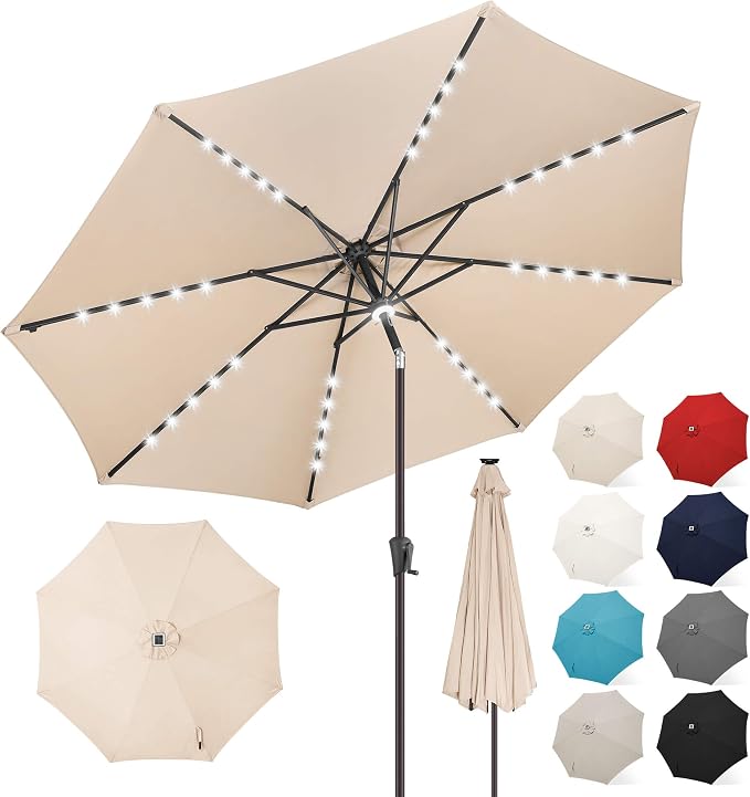 FLAME&SHADE 10 FT Solar Light Patio Umbrella, 40 LED Lights Outdoor Umbrella with Centre Surround Light, Table Market Umbrella for Deck, Pool, Porch, Backyard, Garden, UV Protection, Beige