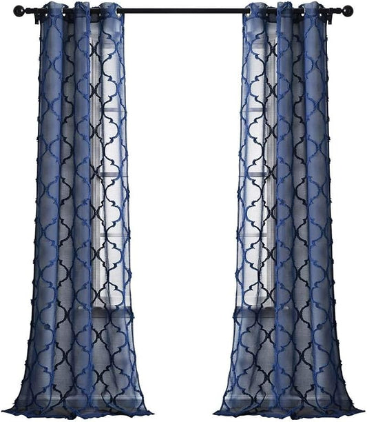 Lush Decor Navy Avon Trellis Grommet Sheer Window Curtain Panel Pair (84" x 38")