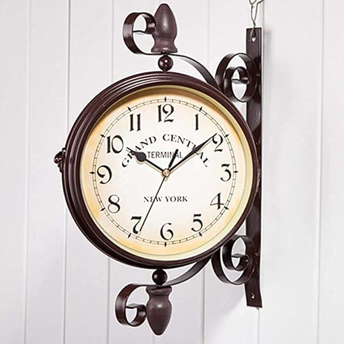 Vintage Wall Mounted Clock Outdoor Double Sided Clock, Metal Vintage Double Sided Hanging Clock, for Patio, Garage, Outdoor Area Antique Look Train Station Clock Two Sided Clock for Indoors/Outdoors