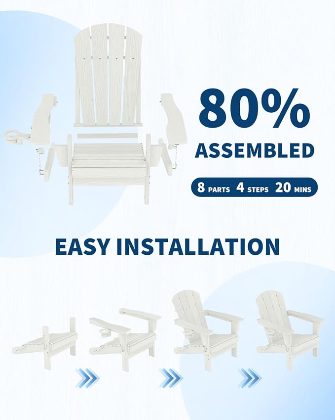 GarveeLife Folding Adirondack Chair Set of 4 with 2 Side Table, All-Weather HDPE Outdoor Chair, Wooden Textured with Cup Holder for patios, Decks, Gardens, fire pits, White
