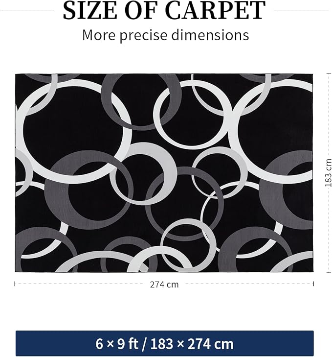Washable Black and White Living Room Rug Non Slip, Soft 6x9 Area Rugs for Bedroom Dining Room Low Pile, Modern Concentric Circle Pattern Carpet for Playroom Home Office Decor