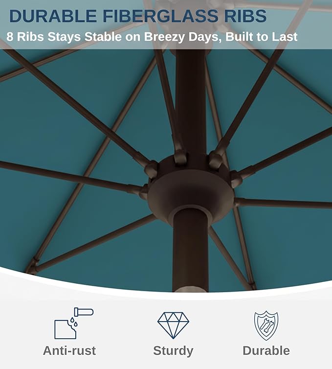 9FT Auto-Tilt Patio Umbrella|Outdoor Market Table Umbrella with 8 Fiberglass Ribs for Pool,Deck&Backyard