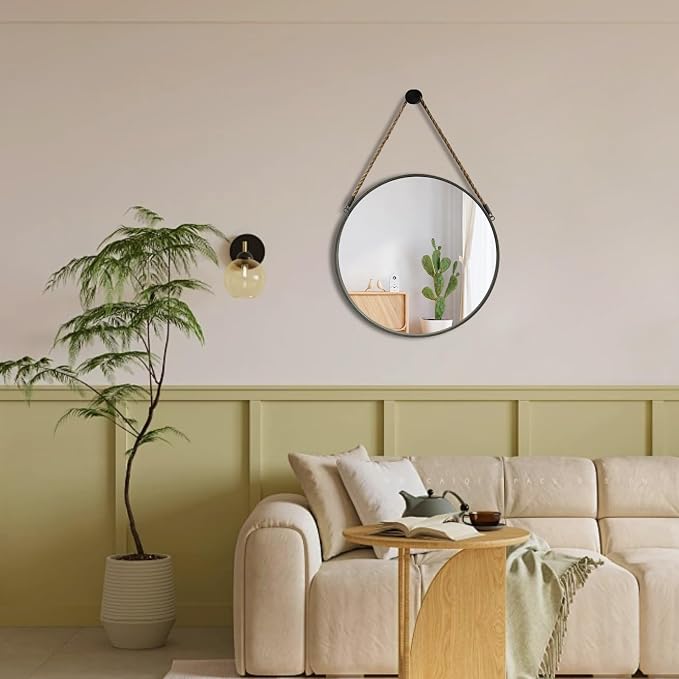 POZINO 15" Small Round Hanging Mirror with Grey Metal Frame