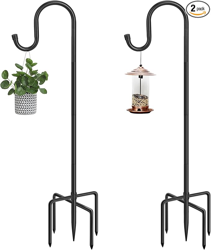 48 Inch Shepherds Hooks for Outdoor, Heavy Duty Bird Feeder Pole with 5 Prong Bases, Garden Hanging Stake for Bird Feeder, Solar Light, Plant Hanger, Wedding Decor, Metal Hanger Hooks, Black, 2 Packs