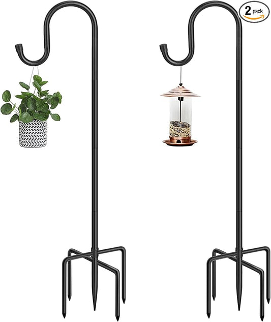 48 Inch Shepherds Hooks for Outdoor, Heavy Duty Bird Feeder Pole with 5 Prong Bases, Garden Hanging Stake for Bird Feeder, Solar Light, Plant Hanger, Wedding Decor, Metal Hanger Hooks, Black, 2 Packs