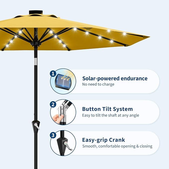 Garvee 9FT Solar Patio Umbrella with 32 LED Lights - Outdoor Table Umbrella with Crank Lift, Push Button Tilt and 8 Sturdy Ribs - Market Umbrella UV Protection for Pool, Deck, Yard, Garden -Yellow