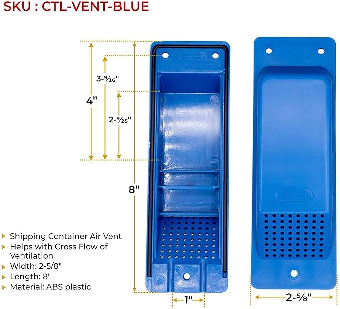 Mytee Products Shipping Container Air Vent 4 Pack - Cross Flow Ventilation for Shipping Container - ABS Plastic Air Vent with Rubber Seal & Water Protection - Shipping Containers Accessories (Blue)