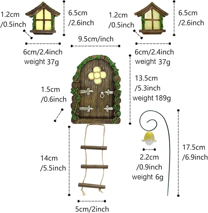 Fairy Garden Decor Fairy Door and Windows for Trees, Glow in The Dark Yard Sculpture Lawn Ornament Mini Garden Art Outdoor Decor Accessories with Lantern (C)