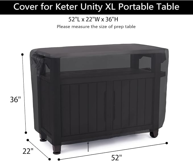 Patio Prep Table Cover for 52 Inch Keter Unity XL Portable Outdoor Table, Waterproof Outdoor Bar Table Cover, for Outdoor Grill Cart Pizza Oven Table - 52 x 22 x 33 Inch