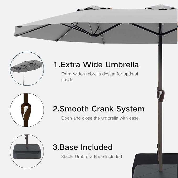 Kingdura 15ft Large Patio Umbrella with Base Included, Double-Sided Rectangle Outdoor Table Umbrella with 12 Reinforced Ribs, Crank Lift for Market Pool Deck Backyard, Light grey