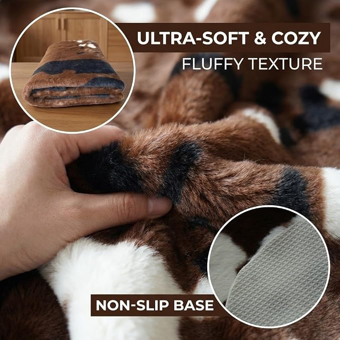 MustMat Faux Cowhide Rug 4'7"×5'3",Cow Print Western Ranch Decor | Brown/White Cow Rug For Bedroom, Entryway, Living Nooks. Western Rustic Style, Great For Cowboy Birthdays & Holidays