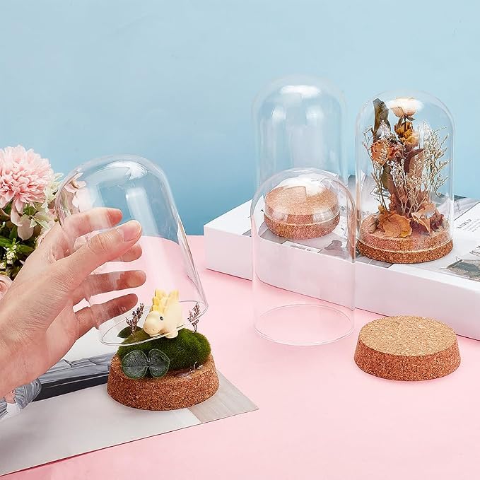 PandaHall 4pcs Glass Cloche Dome Glass Display Bottle Bell Jar with Cork Base Dome Cover Decorative Jars Display Case for Flower Storage Home Christmas Party Decoration 3.15x4.72inch