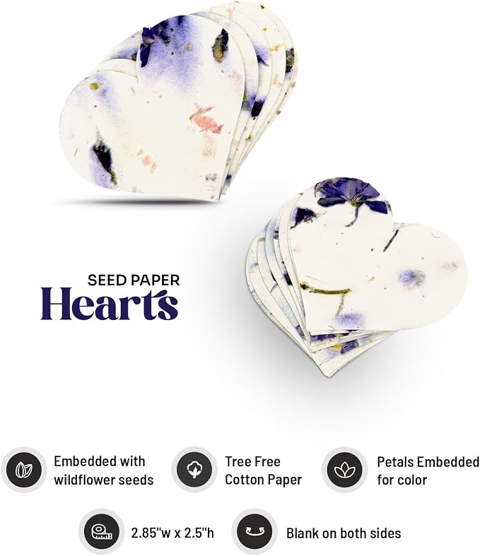 50pcs Large (2.5" h x 2.85" w) Purple Heart Gift Wrap Tags Seed Paper – Writable & Plantable Wildflower, Mom's Gift for Birthday, Use for Wedding, Baby Shower, & Party Favors