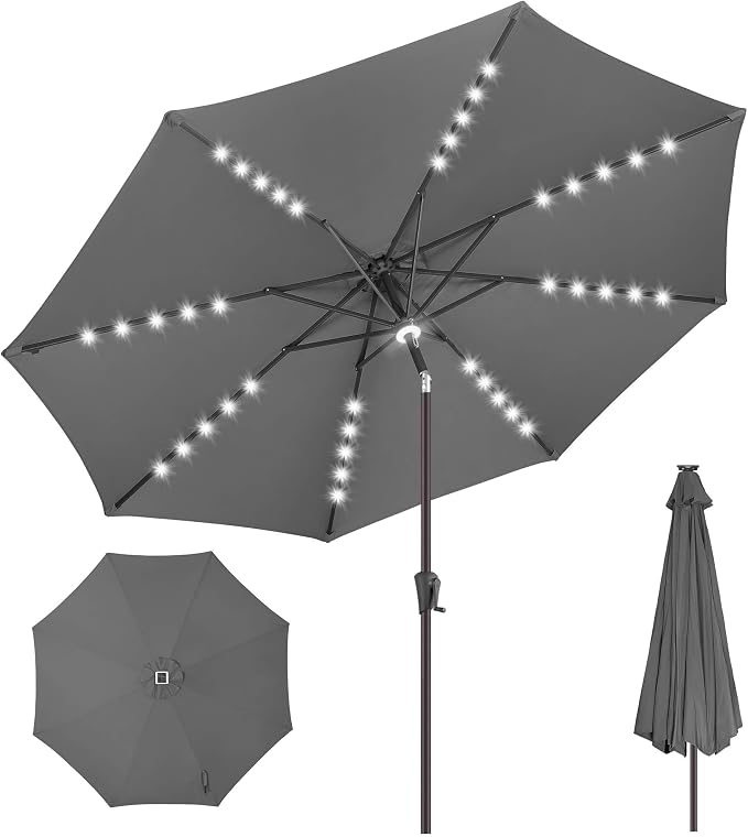 10FT Solar Umbrella Outdoor - Lighted Solar Patio Umbrella with 40 LED Lights Waterproof UV Protection, Table Umbrella with Tilt for Pool, Porch, Garden, Deck, Backyard (Anthracite)