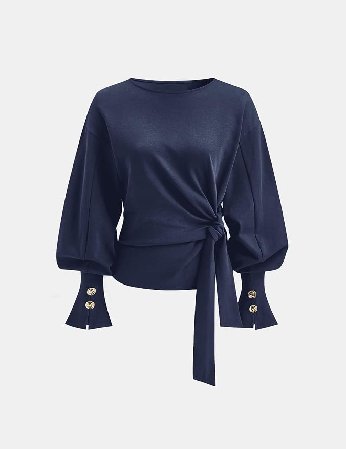 Dsewpaur Twist Knot Tie Front Sweatshirt Tops For Women Long Balloon Sleeve Crew Neck Pullover Casual Fall Outfits