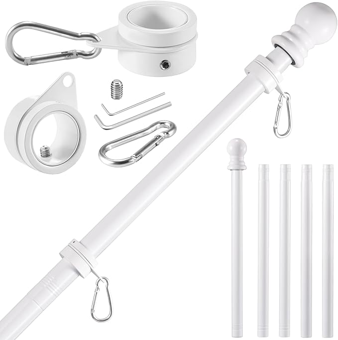 BONWIN White Flag Pole Kit for Outside House, 6 FT Thickened Stainless Steel Wall Mount Flag Pole for 3x5'/ 4x6' American Flag, 1" Anti-Wrap Spinning Flagpole Rings Hardware Kits for Porch Yard