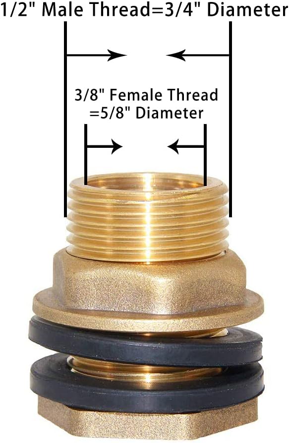 Joywayus 3/8" Female 1/2" Male Soild Brass Water Tank Connector Bulkhead Tank Fitting With 2 Rubber Ring Stablizing