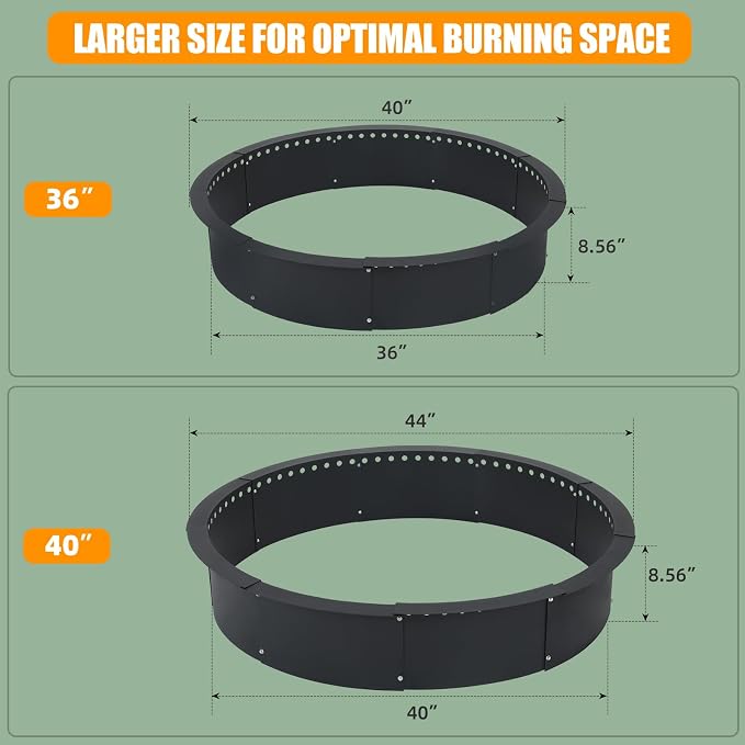 36 Inch Smokeless Fire Pit Ring, Heavy Duty Steel Fire Pit Ring Insert with Air Vent Design, 40 Inch Outer Diameter Round Fire Ring for Outdoor Wood Burning, Backyard, Patio, Garden & Camping