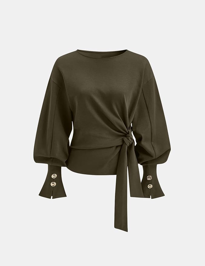 Dsewpaur Twist Knot Tie Front Sweatshirt Tops For Women Long Balloon Sleeve Crew Neck Pullover Casual Fall Outfits