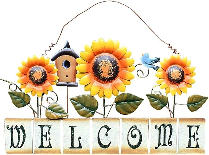 Morning View Metal Sunflower Welcome Sign Hanging Flower Wall Decor Door Sign Decorative Wall Plaque Outdoor Garden Porch Yard Home Decor 17.5X11.25 Inch