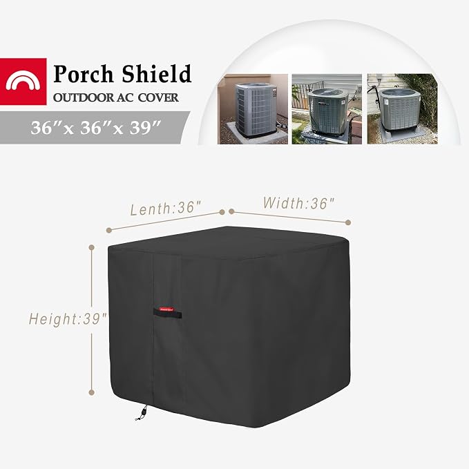 Porch Shield Waterproof AC Covers – Heavy Duty Square Air Conditioner Cover for Outside Unit Up to 36''L x 36'' x 39'', Black