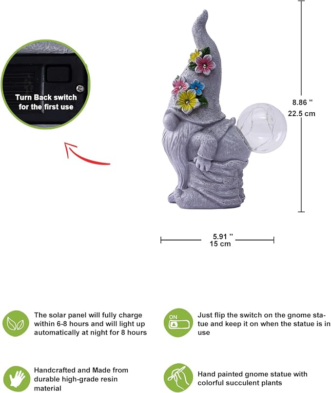 Nacome Solar Funny Gnome for Garden Decor: Durable Resin Statue All-Weather Automatic On/Off Switch Bubble Outdoor Outside Patio Porch Front Pathway - Gifts for Mom Grandma Lady