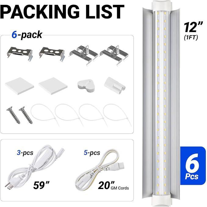 Barrina T8 1FT Grow Light, 5000K Full Spectrum, Linkable, High PPFD, 6-Pack | LED Grow Light Strips, 90W(6x15W), V-shaped Reflector, Hanging Plant Lamp for Seed Starting, Greenhouse, and Indoor Plants
