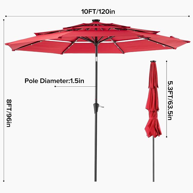 NEWBULIG 10ft Solar Patio Umbrella with 32 LED Lights, Table Market Umbrella with Tilt Adjustment & Crank Lift, Outdoor Sun Umbrella for Garden, Deck, Backyard, Pool and Beach