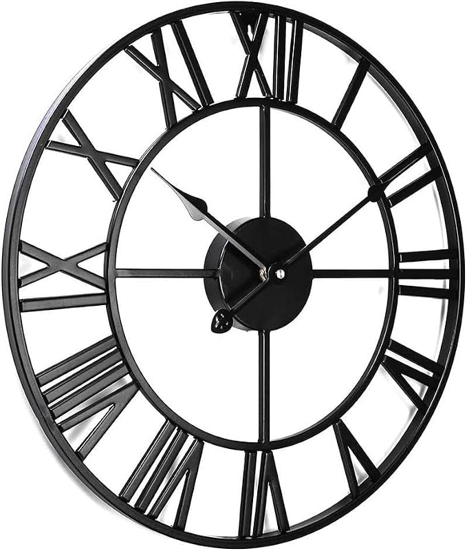 Antique Tower 30 inch Large Roman Numeral Wall Clock, Indoor Outdoor Patio Waterproof Oversized Decorative Contemporary Clock, Antique Black Metal Wall Clock Battery Operated Retro Art Hanging Clock,3