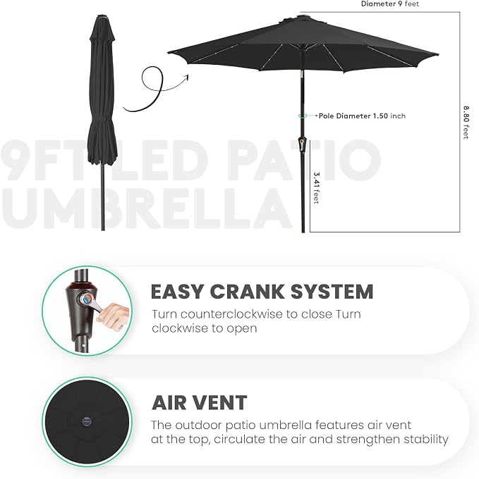 JEAREY 9FT Outdoor Patio Umbrella with Solar Lights, LED Lighted Pool Umbrella with Tilt and Crank, Outdoor Table Umbrellas for Deck, Yard & Market (Jet Black)
