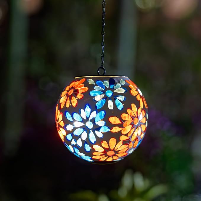 Solar Hanging Lanterns Glass Mosaic Gazing Ball Globe Blue Red Hanging Lantern Lights Outdoor Waterproof for Garden Yard Patio Home Decor (Flowers)
