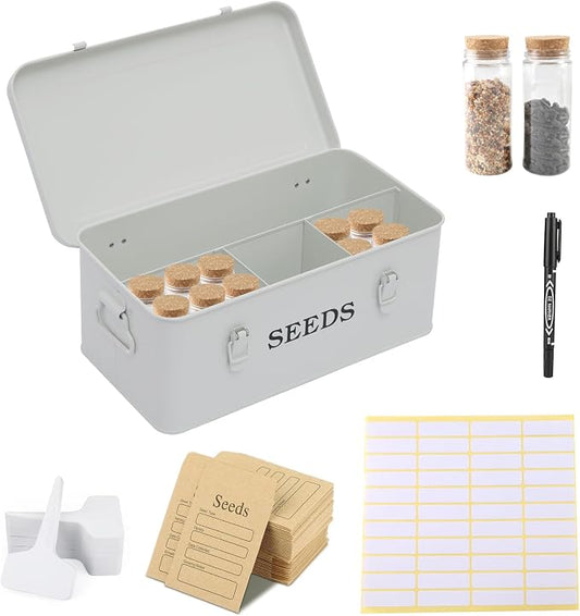 Seed Storage Organizer, 4 Compartment Seed Storage Box with Safety Lock, Metal Seed Box Seed Packet Container with 1 Pen, 12 Slots, 20 Plant Labels & 30 Seed Envelopes, White Gardening Gift