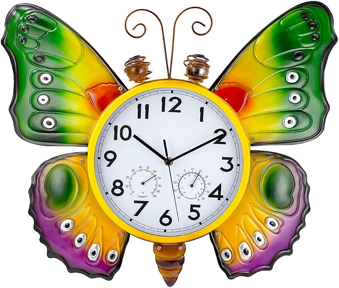 Large Outdoor Clock with Thermometer & Humidity - Silent Non-Ticking, Butterfly Outdoor Wall Clock for Patio, Garden, Kitchen, Living Room(Green & Gold)