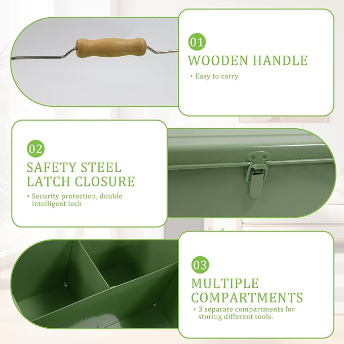 Seed Storage, Metal Seed Box with Safety Lock & Handle, 3 Dividers Seed Organizer Seed Container Storage, Professional All-in-one Kit with 1 Pen, 20 Plant Labels and 50 Seed Envelopes, Green