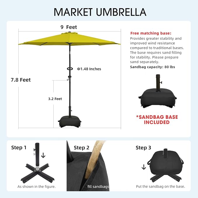 wikiwiki 9FT Patio Umbrella with Base, Outdoor Umbrellas with Base Included, 8 Sturdy Ribs, Waterproof Fade Resistant POLYESTER DTY Canopy for Deck, Lawn, Garden, Backyard & Pool, Yellow