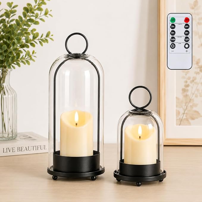 Hurricane Metal Candle Holder Set of 2, 12” & 7.5”, with Handcrafted Glass Dome for Pillar Candle, Plants & 2 Timer Candles for Indoor Outdoor Decor Decorative Table Centerpiece (Black, Set of 2)