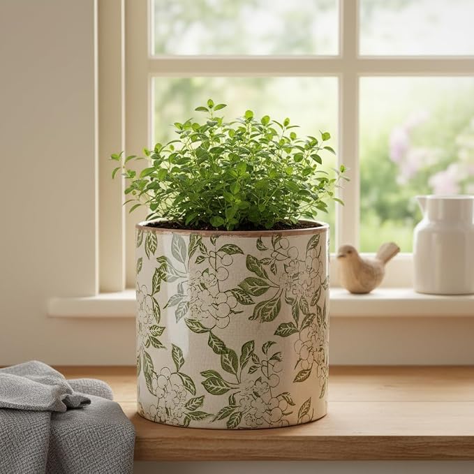 7.7 Inch Large French Farmhouse Ceramic Planter, Indoor Outdoor Home Decor | Decorative Pots with Drainage, Ideal for Medium & Large Plants and Trees, Great Housewarming Gift for Indoor Patio Garden