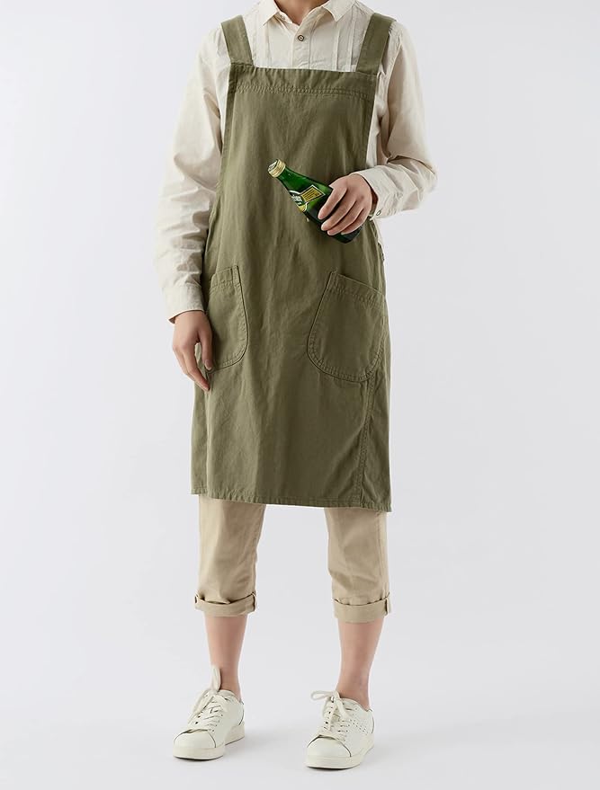 Japanese Cotton Linen Cross Back Apron with Pockets,Fashion Pinafore Dress for Gardening Painting Cleaning Cooking