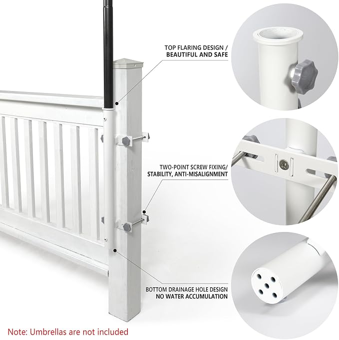 304 Stainless Steel Umbrella Holder for Deck Railing, Heavy-Duty Patio Umbrella Mount, Easy Installation Adjustable Outdoor Umbrellas Base(Post, White)